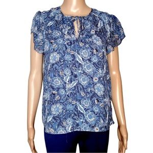 Joie Flutter Sleeve Top Blue Chiffon Floral Tie Neck Blouse